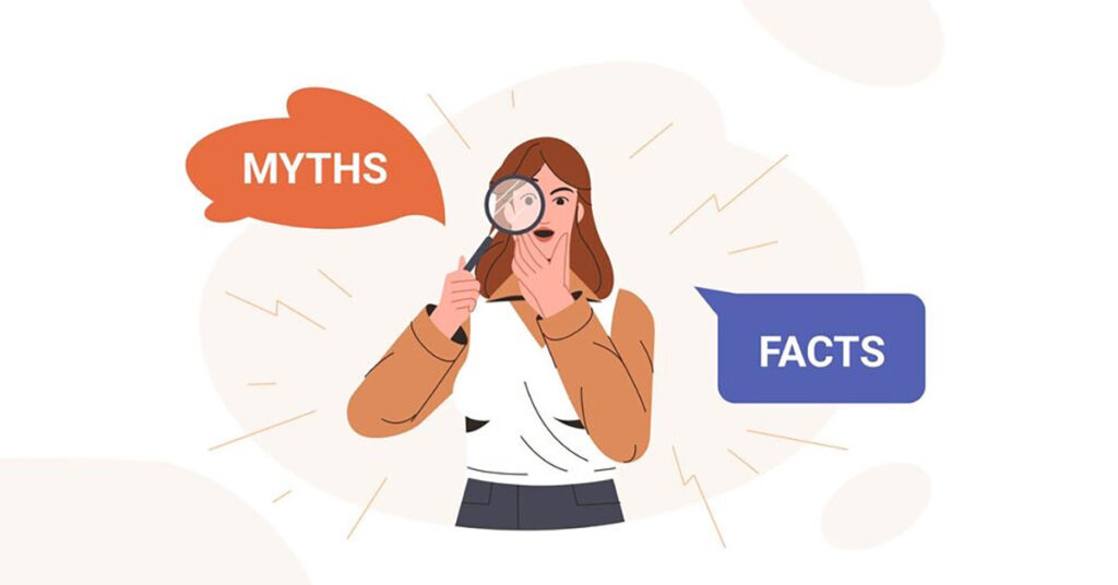 An illustration of a person with a magnifying glass between 'Myths' and 'Facts' speech bubbles, symbolizing research into the truth about human food for cats safety.