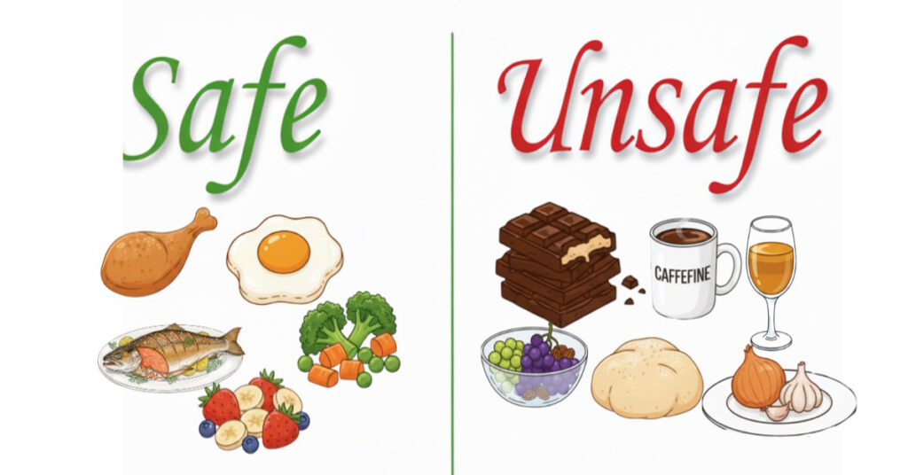 Chart of safe and unsafe human food for cats, including chicken, eggs, fish, vegetables, chocolate, grapes, caffeine, and onions.