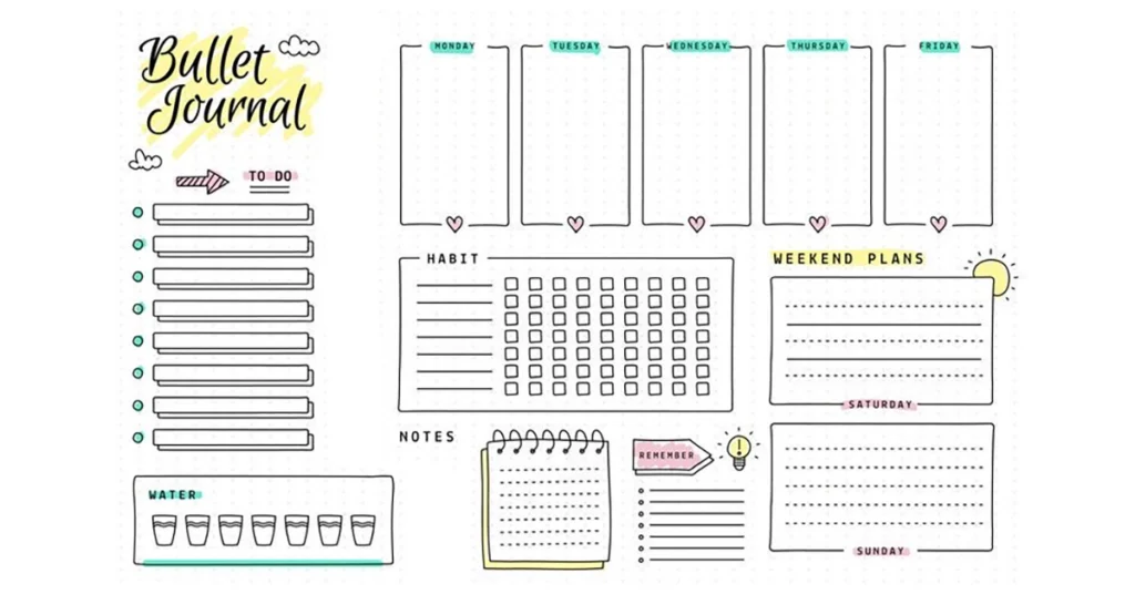 A colorful bullet journal layout for simple journaling featuring weekly plans, habit tracker, to-do list, and water tracker.