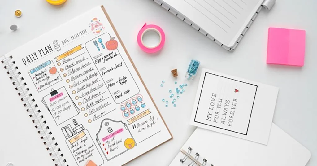 A neatly designed daily planner for simple journaling with colorful notes, meal plans, to-do lists, and creative decorations.
