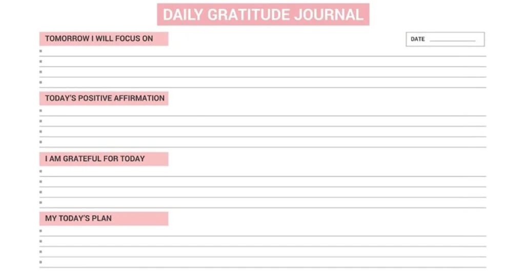 A minimal daily gratitude journal template for simple journaling with sections for affirmations, plans, and things to be grateful for.