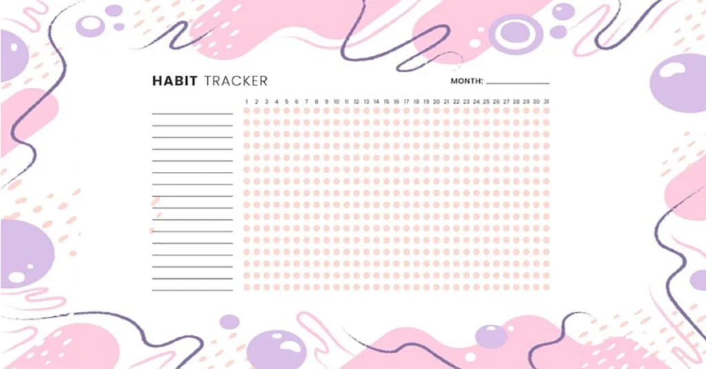A pastel-themed habit tracker template for simple journaling with rows for habits and daily tracking dots for each day of the month.