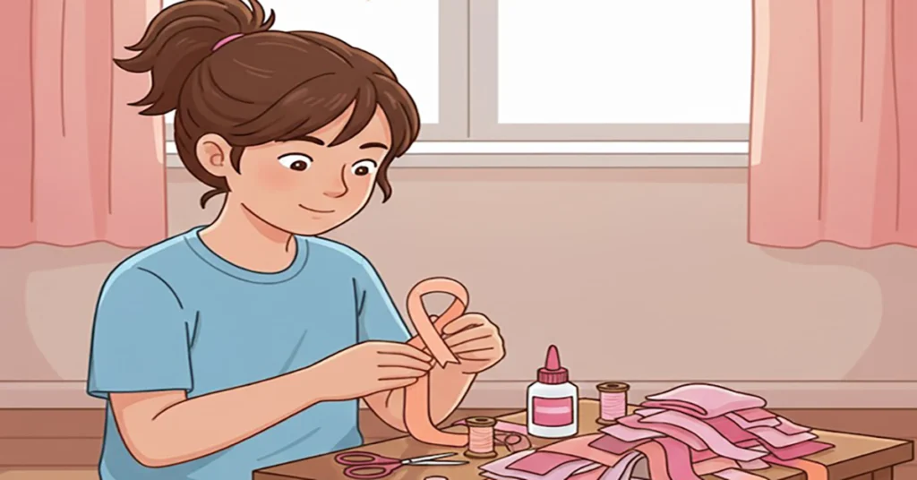 Girl creating pink ribbons to promote breast cancer awareness and support early detection initiatives.