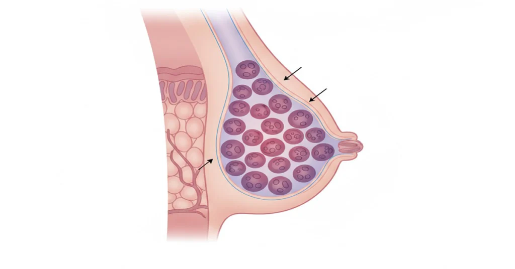 Medical illustration showing ductal carcinoma in situ (DCIS), an early stage of breast cancer inside the milk ducts.