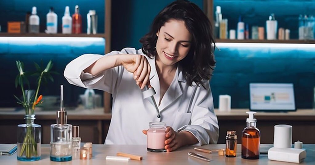 Female scientist in white coat mixing liquid in lab jar with other products on table, representing Tylenol research concept.