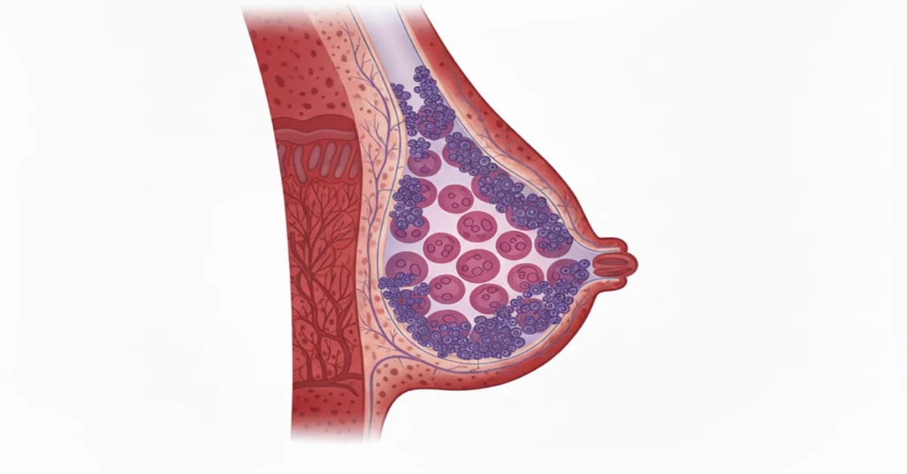 Diagram showing inflammatory breast cancer, where cancer cells block lymph vessels in the skin of the breast.
