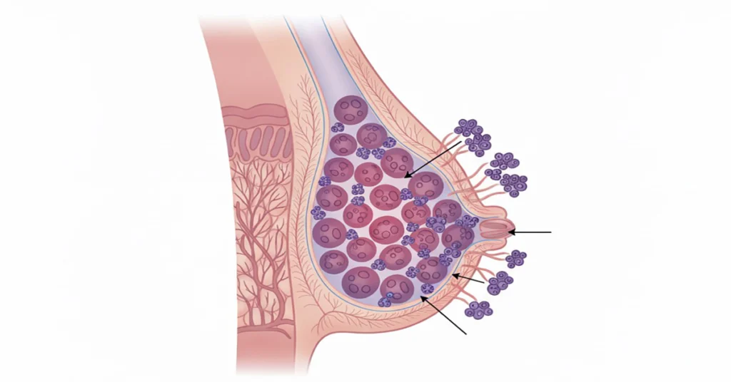 Diagram showing invasive ductal carcinoma, a type of breast cancer, where cancer cells have spread from the ducts to breast tissue.