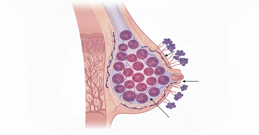 Illustration of invasive lobular carcinoma, a type of breast cancer, where cancer cells have spread from the lobules.