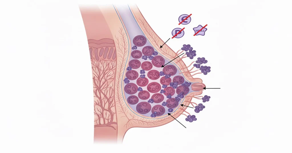 Diagram illustrating triple-negative breast cancer, which tests negative for estrogen, progesterone, and HER2 receptors.