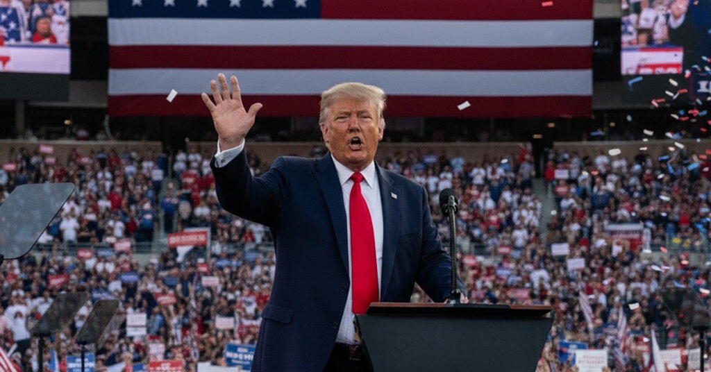 Former US president speaking at a rally with a large American flag.