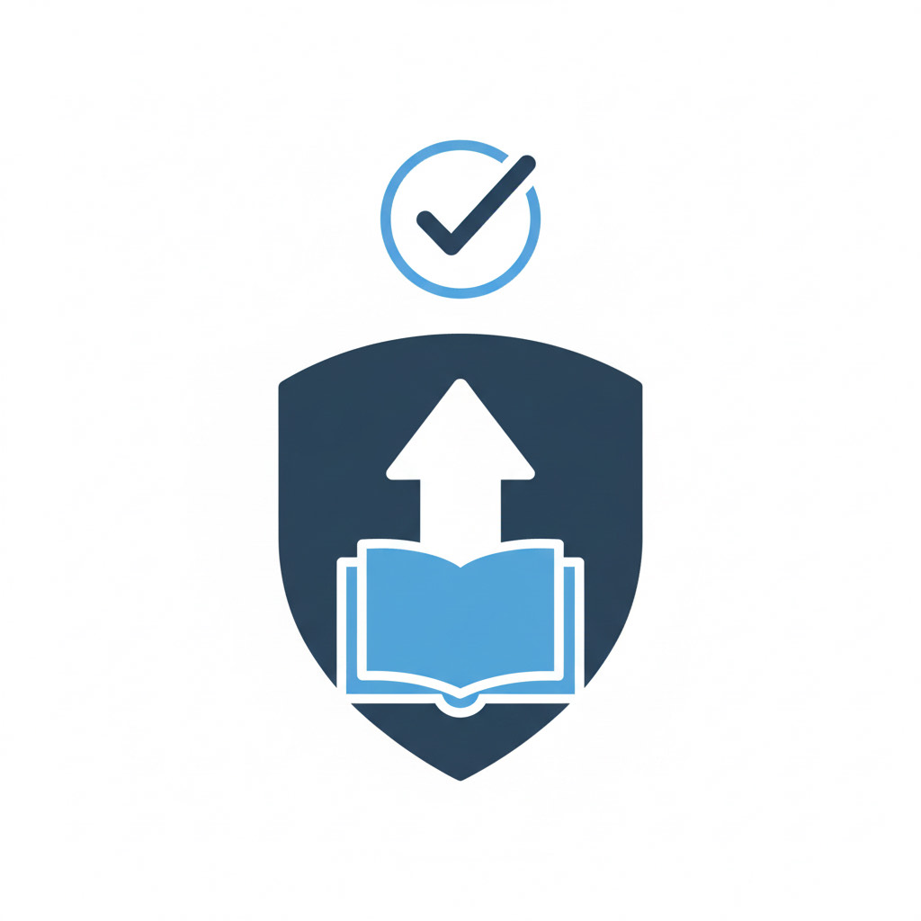Shield icon with an open book, upward arrow, and checkmark symbolizing verified, authoritative knowledge for Oratraex content