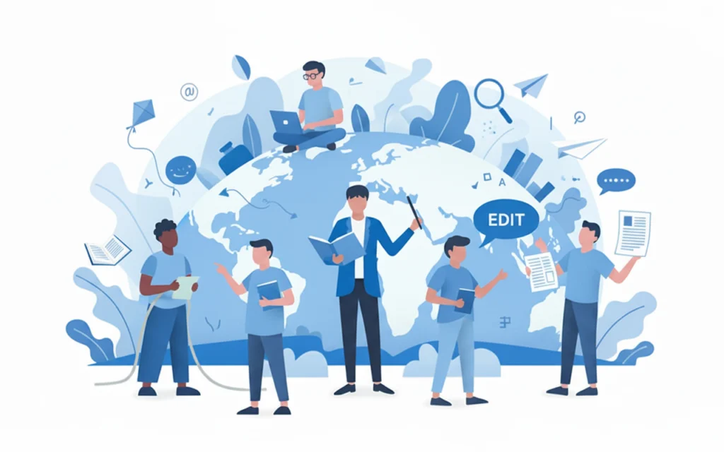 People collaborating around the globe with digital tools and icons, symbolizing global teamwork in an oratraex-inspired illustration for Our Editorial Process