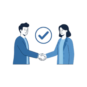A man and woman shake hands with a checkmark symbol behind them, representing agreement and trust in an Oratraex-themed illustration