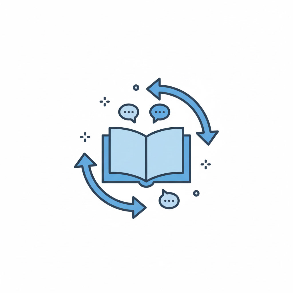 Minimal blue illustration of an open book with chat bubbles and arrows showing knowledge flow, used for Oratraex educational content
