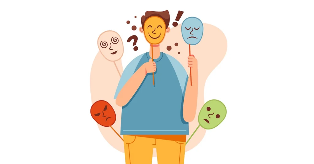 Person holding masks showing different emotions, symbolizing emotional wellness, mental health, lifestyle balance, and self-awareness.

