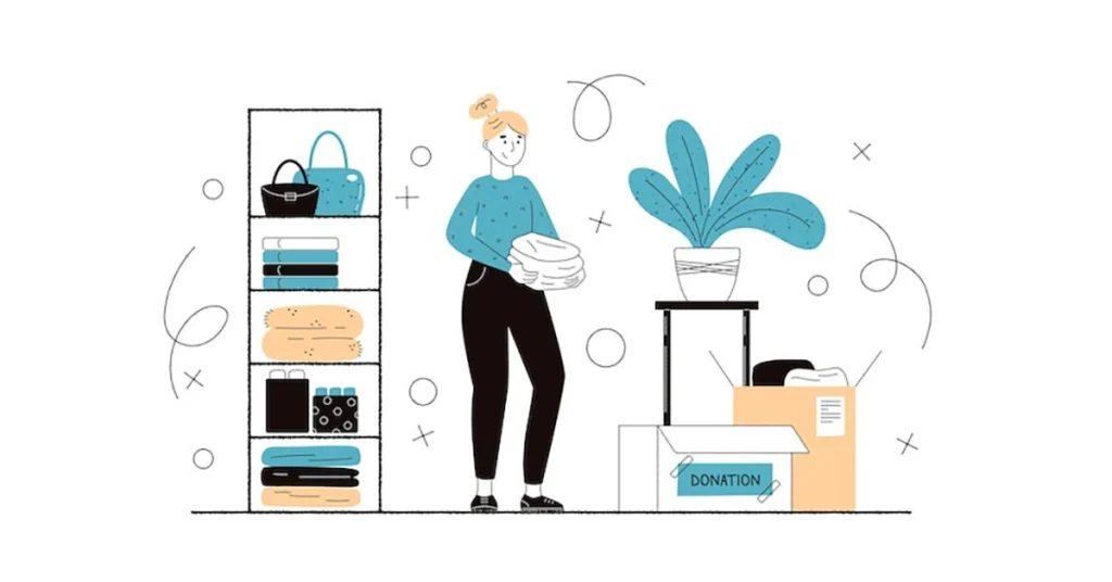  Person organizing clothes and packing a donation box, promoting a clutter-free lifestyle and wellness through mindful decluttering.
