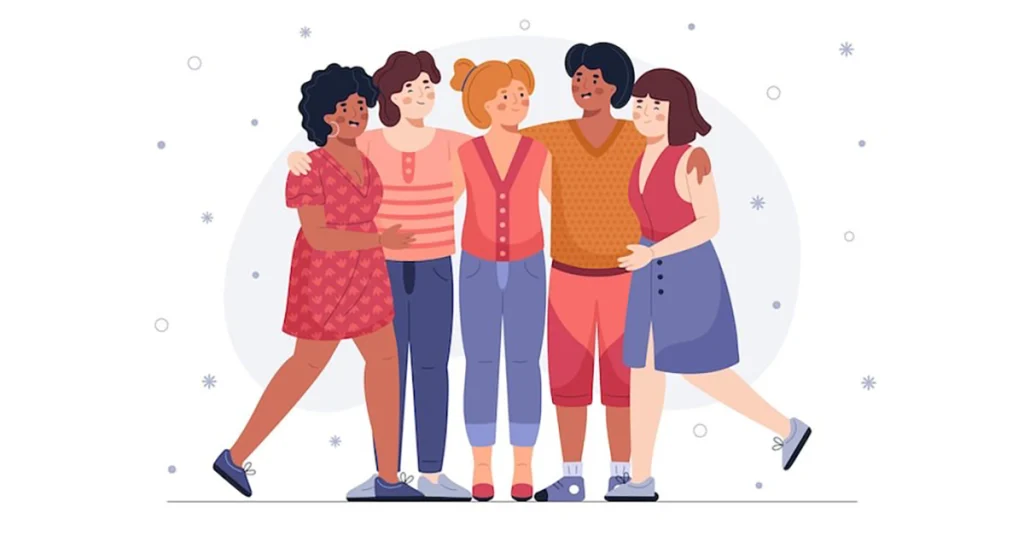 Group of friends standing together and hugging, highlighting positive relationships, lifestyle, and emotional wellness.
