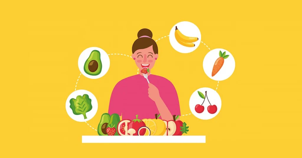 Woman enjoying fresh fruits and vegetables, promoting a healthy lifestyle and wellness through balanced nutrition and mindful eating.