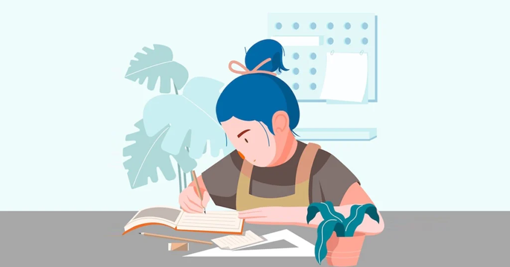 A person journaling at a desk with plants around, reflecting a mindful lifestyle and wellness practice through writing and creativity.
