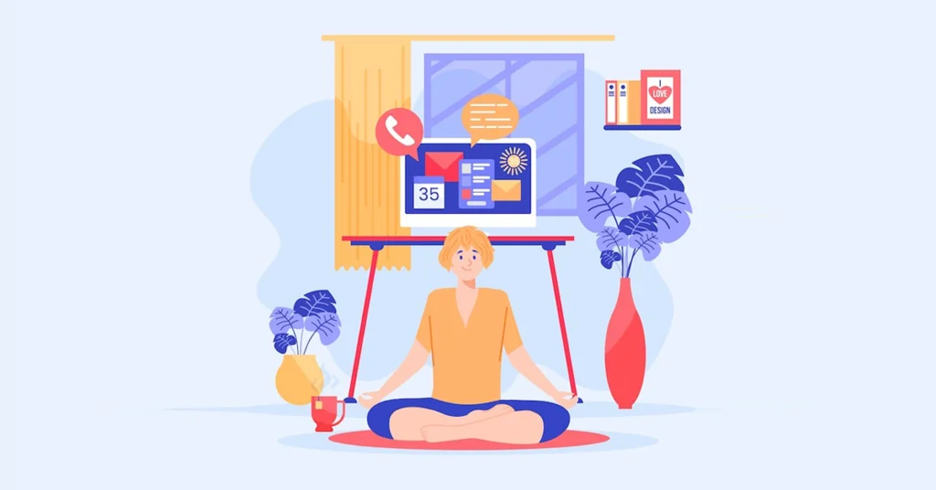  Person meditating at home near a busy desk, balancing technology and mindfulness to support a healthier lifestyle and wellness routine.