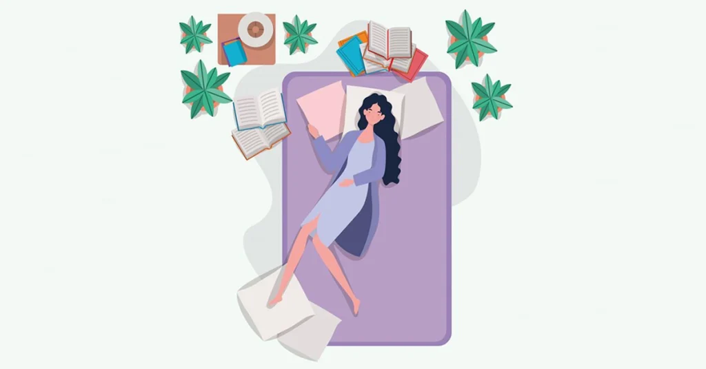 A woman relaxing on a bed surrounded by books and plants, reflecting a calm lifestyle and wellness through rest, reading, and self-care.