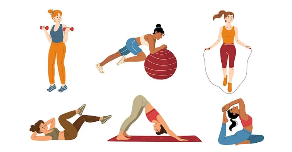 Women practicing various fitness activities, showcasing a healthy lifestyle and wellness through yoga, exercise, and movement.
