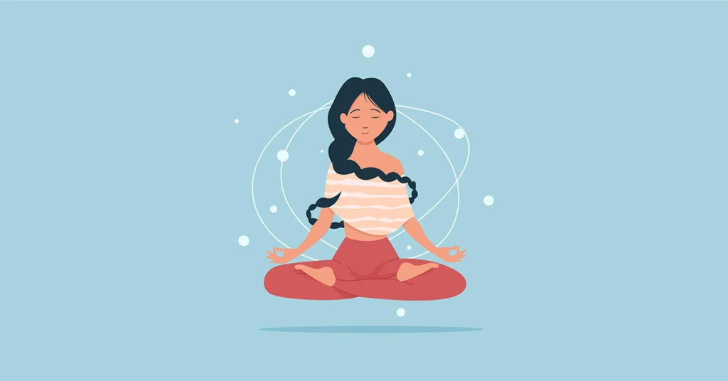 Young woman meditating in lotus pose with peaceful energy around her, representing mindfulness, wellness, calm lifestyle, and inner balance.