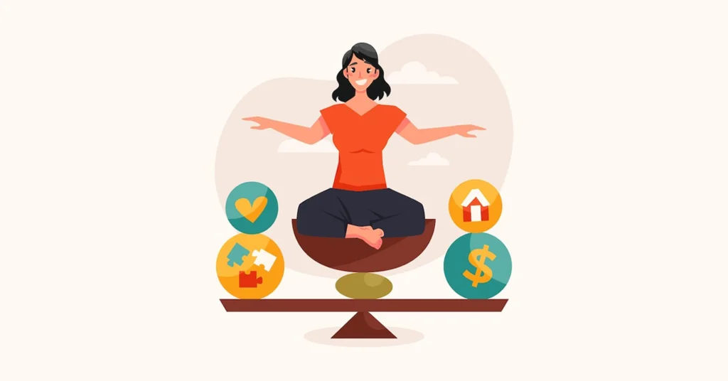  Woman meditating on a balance beam, symbolizing wellness, lifestyle harmony, emotional health, financial balance, and self-care.