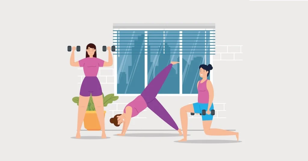 Women exercising with weights and yoga poses indoors, promoting an active lifestyle, strength training, and overall women's health.