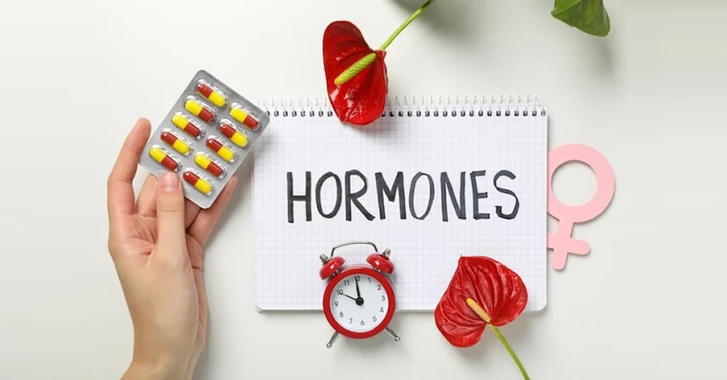 Hand holding pills near a notebook labeled hormones, symbolizing hormonal balance, medication, and women's health awareness.