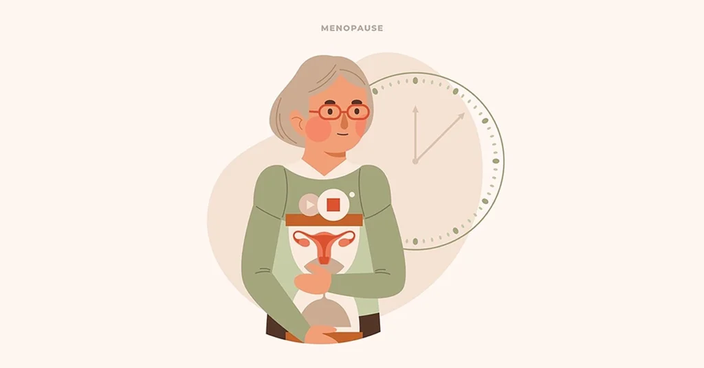 Illustration of an older woman holding an hourglass symbolizing menopause, highlighting hormonal changes and women's health awareness.