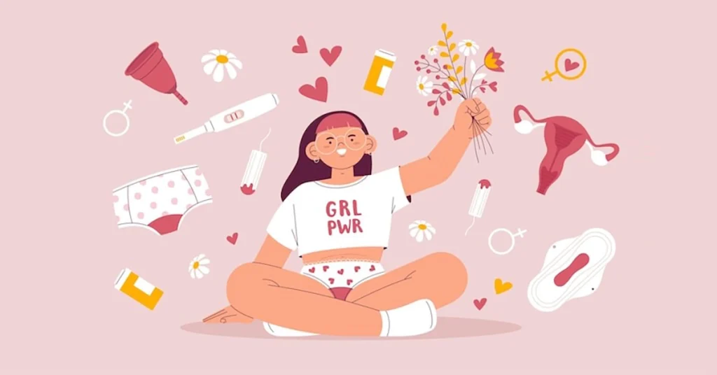Illustration of a woman celebrating menstrual care with period products and symbols, promoting body positivity and women's health.