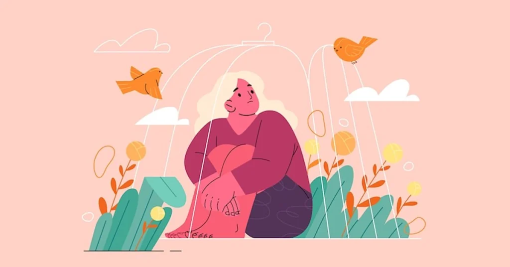 Illustration of a woman sitting inside a glass dome inspired by nature, symbolizing emotional balance and women's health wellness.