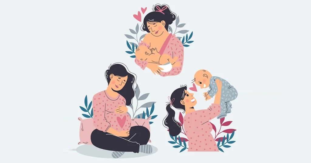 Illustration of pregnancy, breastfeeding, and mother–baby bonding, highlighting women's health and nurturing moments.