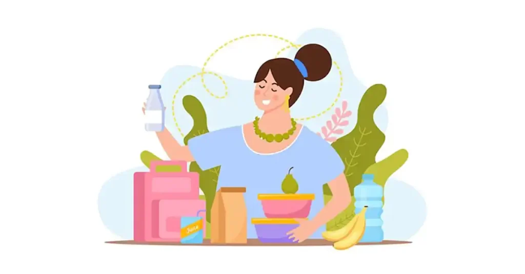 Illustration of a woman choosing nutritious foods and water, highlighting balanced eating habits and overall women's health.
