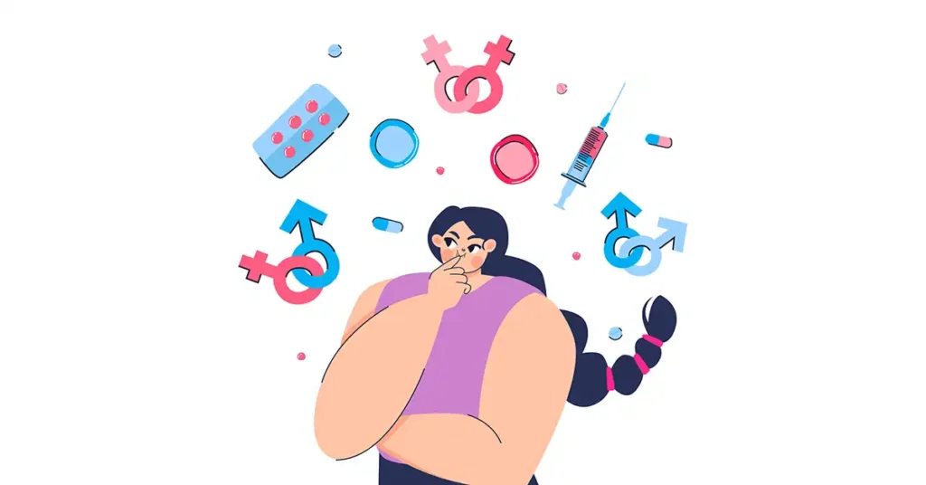 Illustration of a woman thinking about gender symbols, pills, and medical care, highlighting sexual, reproductive, and women's health awareness.