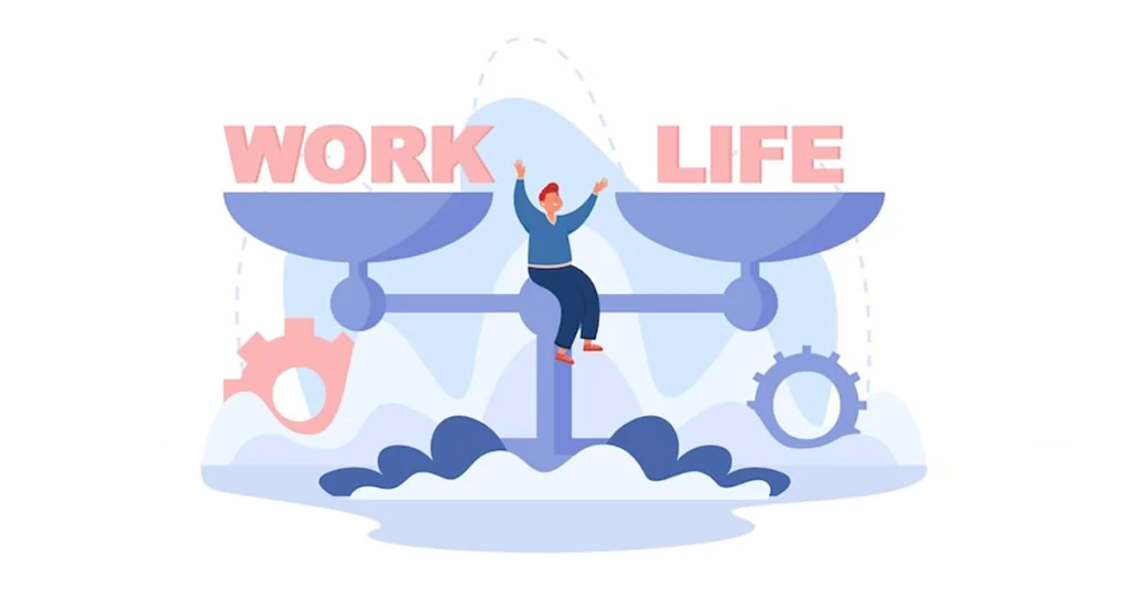  Person balancing work and life on scales, representing wellness, healthy lifestyle, stress-free living, harmony, and personal well-being.