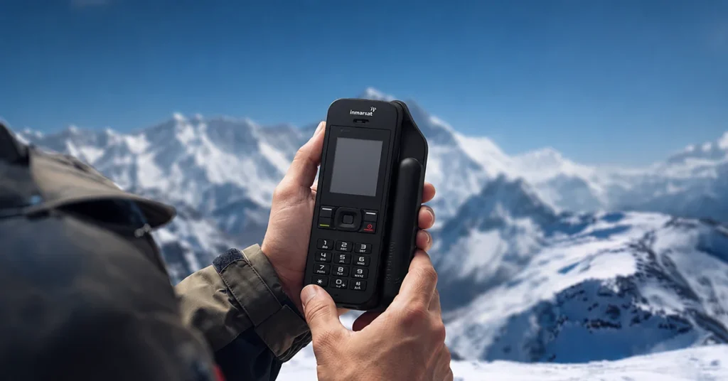 BSNL satellite phone held in hand in a snowy mountain landscape, showing reliable communication in remote locations.