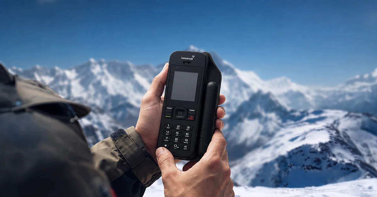 BSNL satellite phone held in hand in a snowy mountain landscape, showing reliable communication in remote locations.