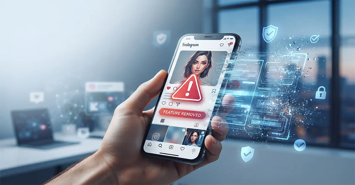 Meta Removes Muse Image Feature graphic showing Instagram AI feature removal after privacy backlash.