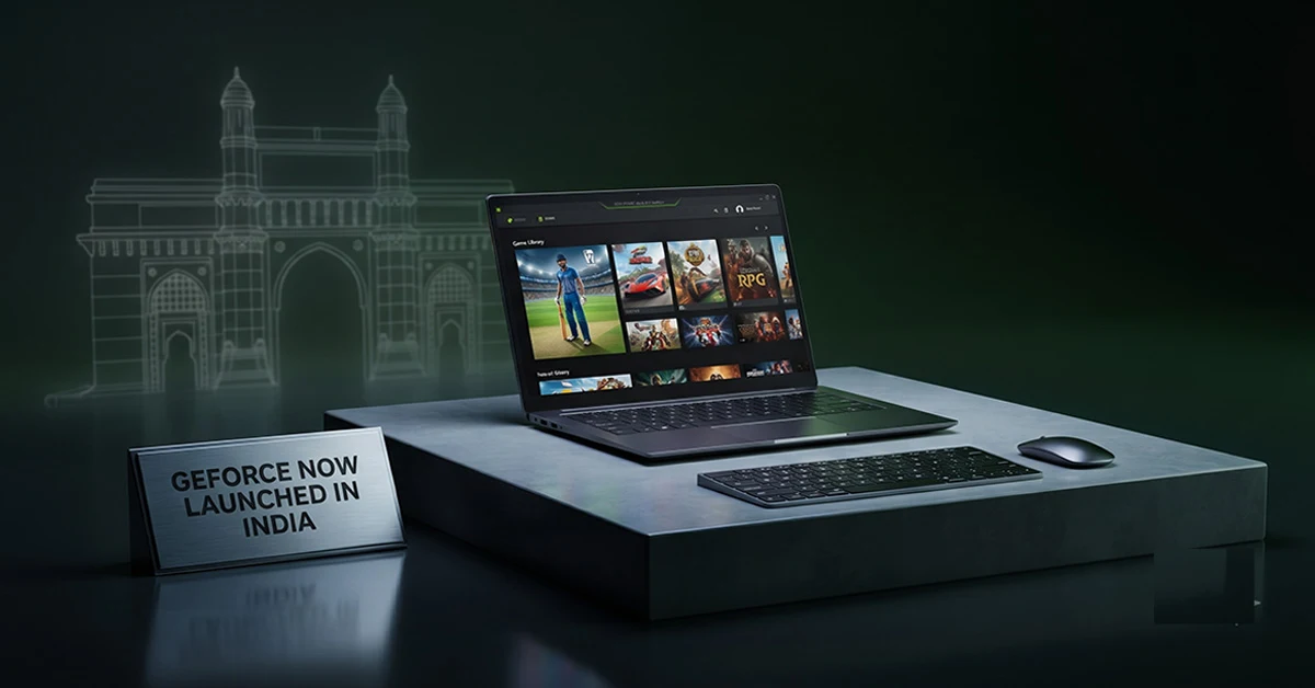 GeForce NOW streaming on a laptop with an India-inspired backdrop, showcasing cloud gaming across supported devices.