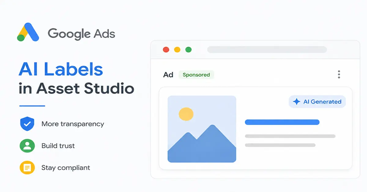 Google Introduces AI Labels in Asset Studio, showing an AI-generated ad creative with a transparency label.