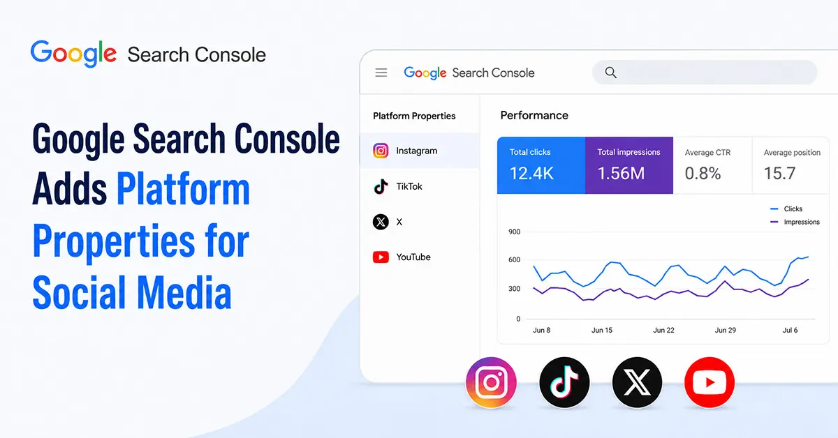 Google Search Console Adds Platform Properties for Social Media showing Instagram, TikTok, X, and YouTube analytics.