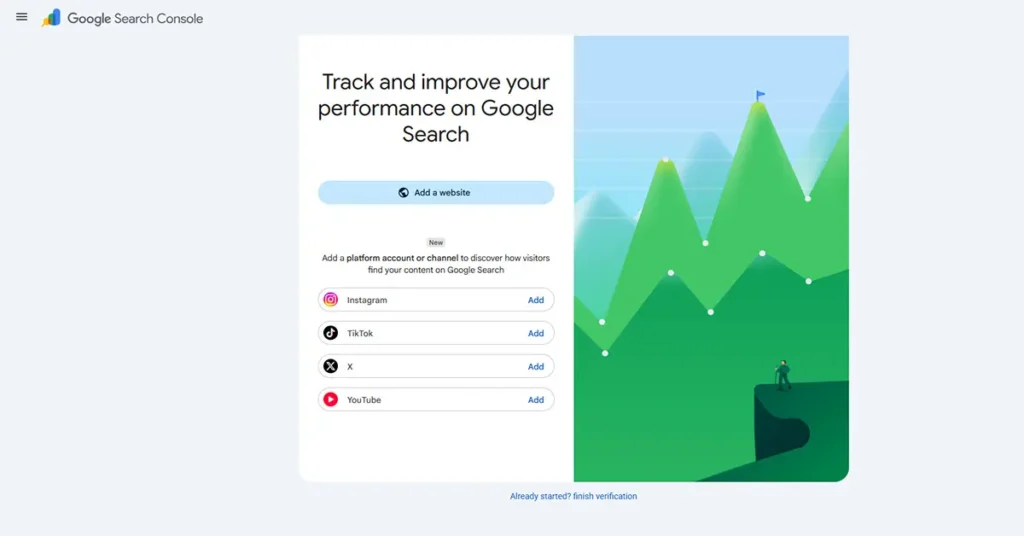 Google Search Console Platform Properties setup screen for adding Instagram, TikTok, X, and YouTube accounts.