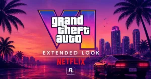 Grand Theft Auto VI Extended Look poster with Vice City skyline, palms, sports car, and Netflix branding