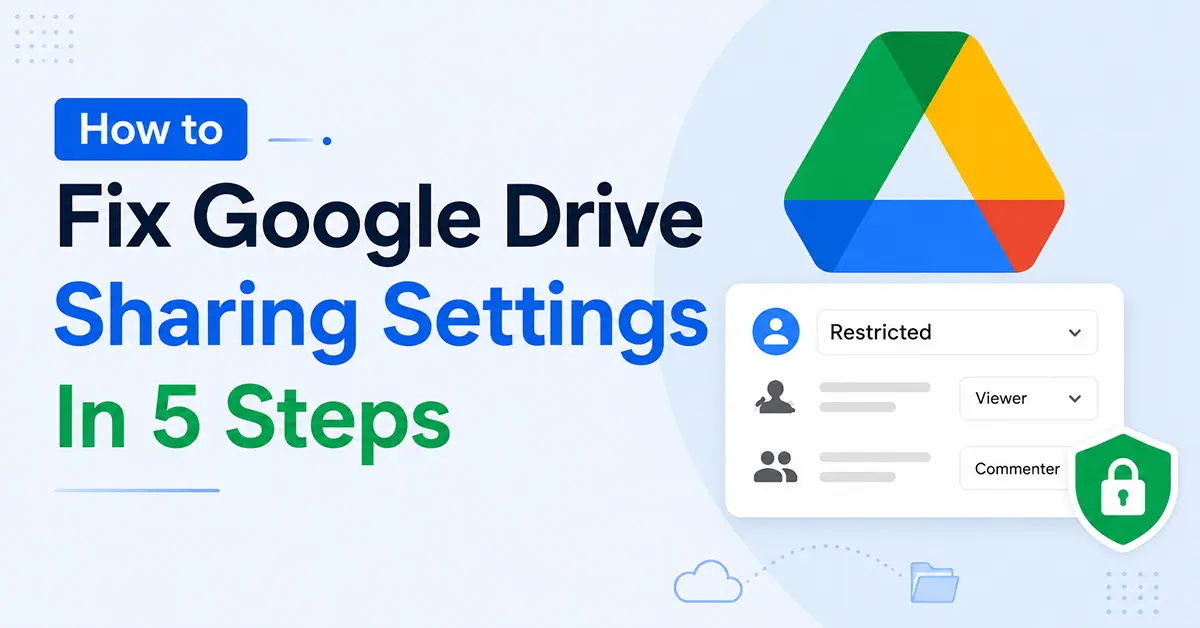 How to Fix Google Drive Sharing Settings in 5 Steps thumbnail with Google Drive logo, sharing permissions panel, and security icon.
