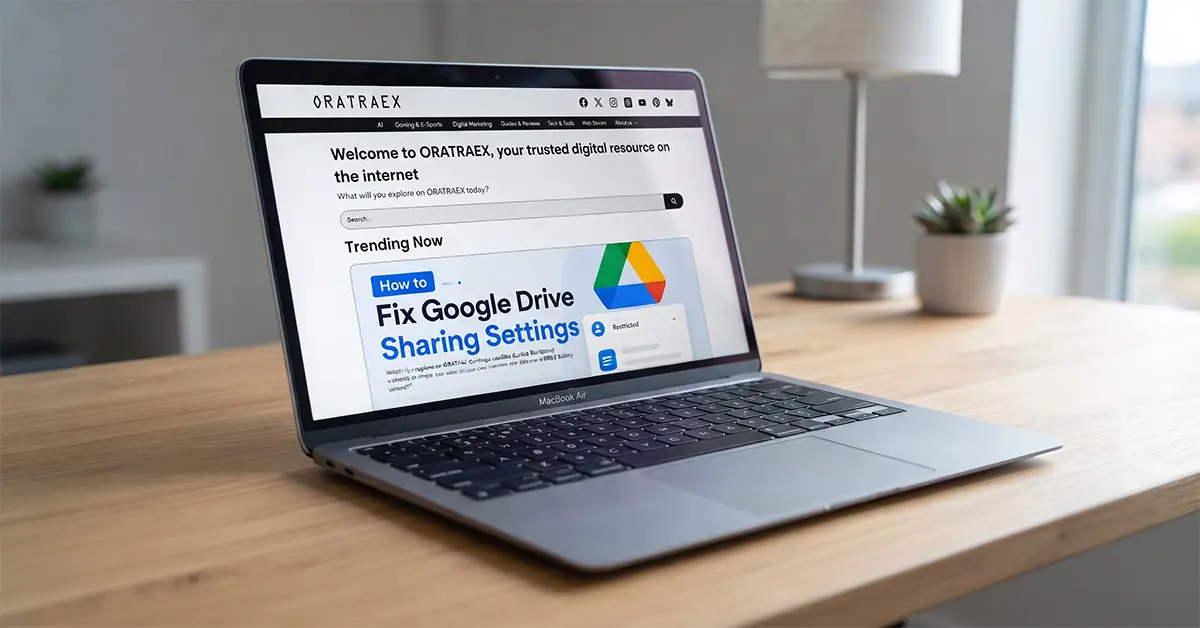 Oratraex website displayed on a laptop, showcasing technology content and digital guides