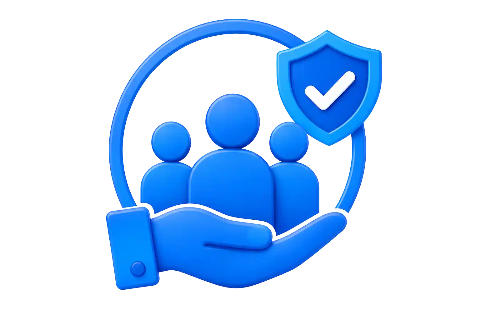 Blue reader-focused icon showing people supported by a hand with a trust and verification shield.