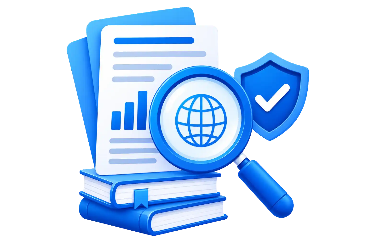 Blue research icon with documents, a magnifying glass, globe, and verification shield.