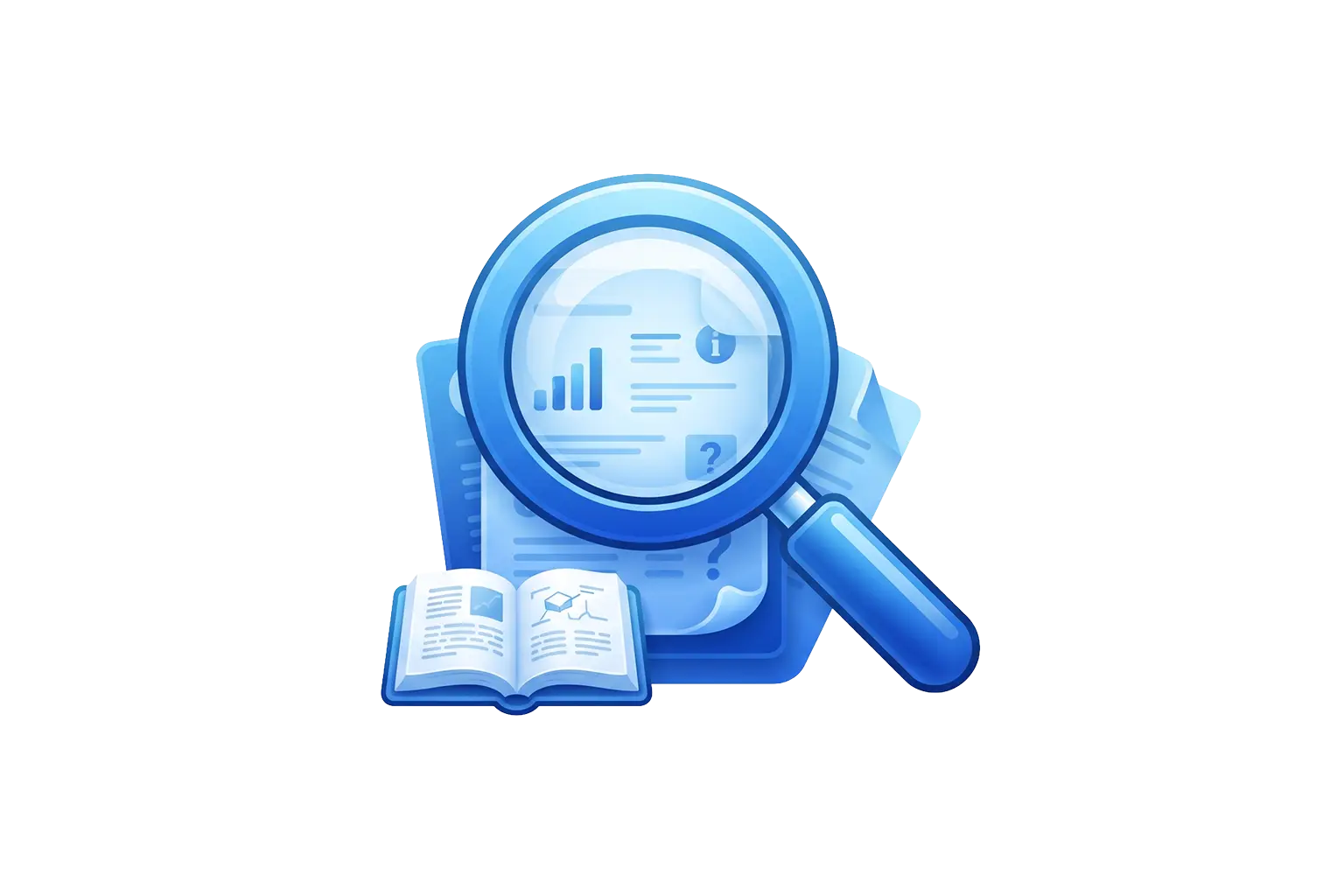 Blue 3D research icon showing a magnifying glass over documents and an open book.
